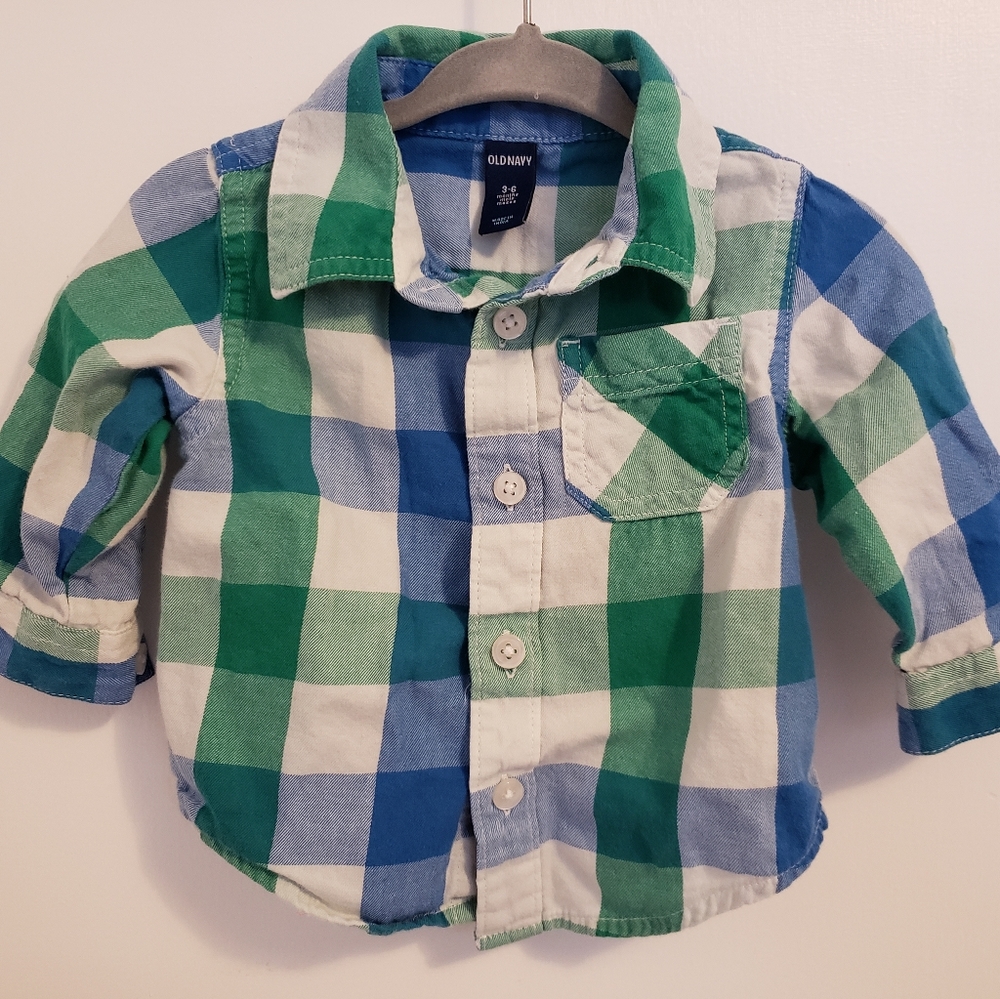 Old navy baby boy button down green and blue plaid